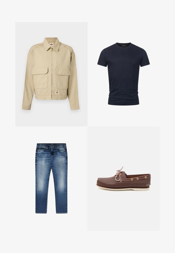 Beige jas met ritssluiting, twee grote klepzakken aan de voorkant, rechte kraag, lange mouwen en het Dickies merklabel op de borst en zoom.; Navyblauwe katoenen t-shirt met korte mouwen en een ronde hals. Eenvoudig ontwerp, geen zichtbare patronen of hardwaredetails.; Blauwe vervaagde denim jeans met voorzakken, riemlussen en een knoopsluiting, plat gelegd op een witte achtergrond.; Bruine leren bootshoe met beige rubberen zool, voorzien van gouden oogjes, klassieke vetersluiting en zichtbare stiksels langs de bovenrand.