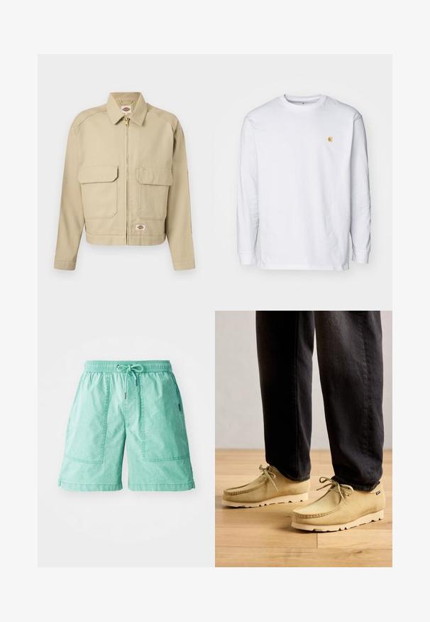 Beige lynlåstrøje med to store klaplommer foran, lige krave, lange ærmer og Dickies-mærke på bryst og kant.; Hvid langærmet t-shirt lavet af bomuld. Har et lille gyldent logo på brystet og en rund halsudskæring. Enkel design og standard pasform.; Mintgrønne shorts lavet af letvægtsstof, med elastisk liv, snøre og to sidelommer med stikninger.; Beige ruskind snørebåndssko bæres med sorte bukser på et trægulv, der viser en afslappet og komfortabel stil.