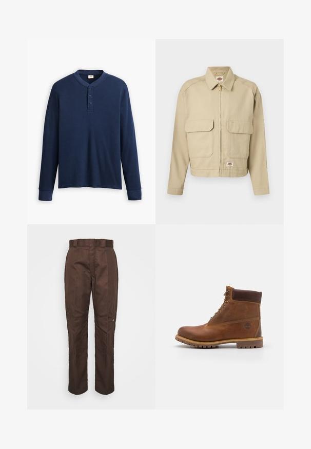 Beige Reißverschlussjacke mit zwei großen aufgesetzten Taschen vorne, geradem Kragen, langen Ärmeln und Dickies-Markenetikett auf der Brust und am Saum.; Langärmliges navyblaues Henley-Shirt aus geripptem Stoff. Mit rundem Ausschnitt und einer Knopfleiste mit drei Knöpfen. Die Bündchen sind schmal geschnitten.; Braune, gerade geschnittene Hose mit glatter Textur. Verfügt über einen Gürtelschlaufen, Seitennähte und ein kleines Markenlogo am linken Bein.; Braune Lederwanderschuhe mit glatter Oberfläche, gepolstertem Knöchel, Metallösen und einer Gummisohle mit robustem Profil.
