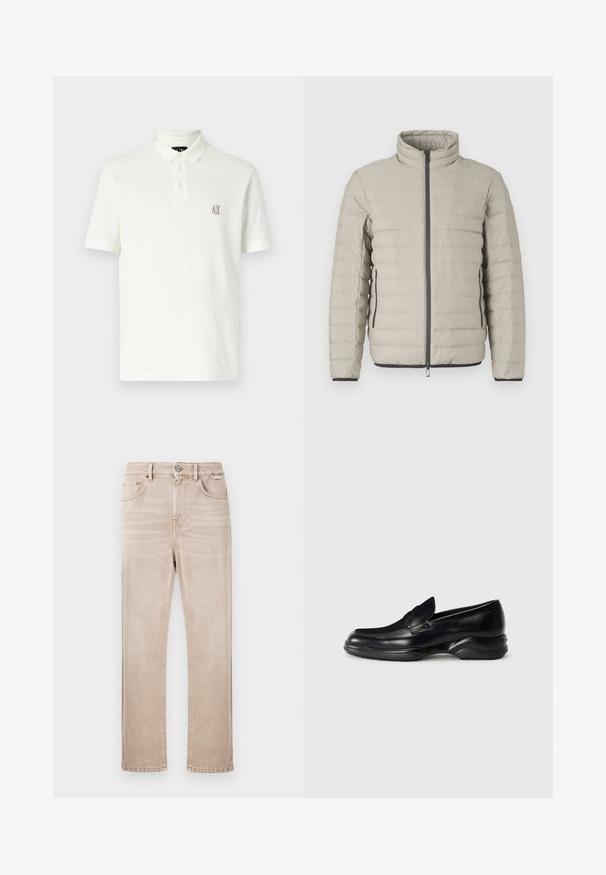 Chaqueta acolchada gris claro con cuello alto, diseño acolchado horizontal, cremallera frontal y bolsillos laterales. Presenta detalles en negro en los puños.; Camiseta polo blanca de algodón, con un cuello de dos botones, mangas cortas y un pequeño logotipo bordado en marrón en el lado izquierdo del pecho.; Vaqueros beige de mezclilla con corte de pierna recta, cinco bolsillos y cierre frontal de botones. Presentan un sutil desgastado y detalles de costura.; Mocasines de piel negra con una suela de goma texturizada y baja, y un diseño de costura en la parte superior. Presenta una punta redondeada y mínimas ornamentaciones.