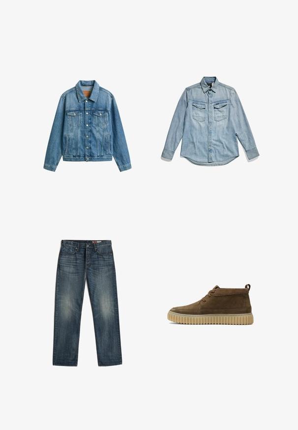 Blaue Jeansjacke mit Knopfleiste, zwei Brustklappentaschen mit Knöpfen und vertikalen Seitentaschen, flach auf weißem Hintergrund liegend.; Helles blaues Denim-Hemd mit langen Ärmeln, Knopf-Frontverschluss, zwei Brusttaschen und klassischem Kragen. Weiche Textur mit lässigem Design.; Dunkelblaue Straight-Leg-Denimjeans mit Fronttaschen und Knopfverschluss, die dezente ausgebleichte Bereiche an Oberschenkeln und Knien aufweisen.; Braune Wildleder-Stiefeletten mit runder Zehenform, minimalen Nähten und einer strukturierten, klobigen Gummisohle. Mit Schnürdesign und Fersenlasche.