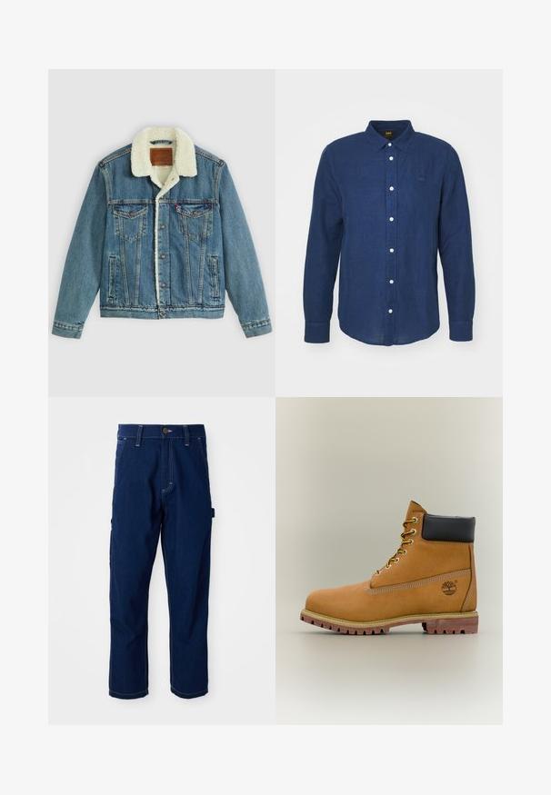 Veste en denim avec un délavage bleu clair, col en fausse fourrure, deux poches poitrine et fermetures à bouton. Présente un patch en cuir de marque au niveau du cou.; Chemise à manches longues bleu foncé avec un col boutonné, boutons blancs et un logo brodé discret sur la poitrine. Texture douce, coupe droite.; Pantalons de travail en denim bleu foncé à jambes droites avec des coutures blanches, passants de ceinture, poches avant, et une boucle utilitaire sur le côté, sur un fond blanc.; Bottine en cuir marron avec col noir, lacets jaunes et semelle beige. Présente un logo et des détails de couture blanche. Semelle extérieure à traction robuste.