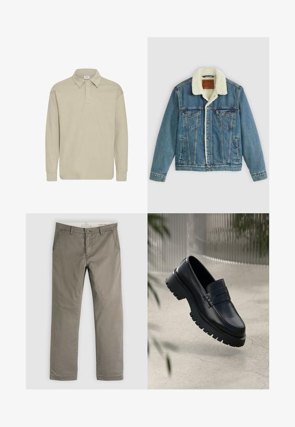 Veste en denim avec un délavage bleu clair, col en fausse fourrure, deux poches poitrine et fermetures à bouton. Présente un patch en cuir de marque au niveau du cou.; Polo à manches longues de couleur beige clair, avec un col et une texture subtile. Pas de logos ni de motifs visibles.; Pantalon droit kaki pour homme avec poches avant, passants pour ceinture et fermeture par bouton, étalé à plat sur un fond blanc.; Mocassins en cuir noir avec une semelle à crampons épaisse, dotés d'une sangle décorative et de détails de couture. Texture lisse avec une finition polie.