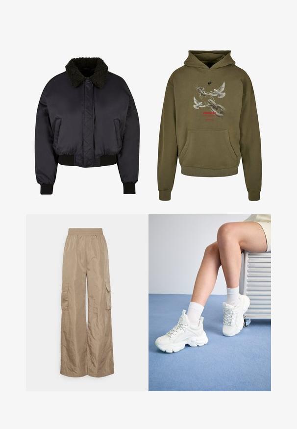 Veste bomber noire courte avec un col en fourrure sombre texturée, des poignets et un ourlet élastiques, et un détail de couture en diagonale sur le devant.; Hoodie vert olive avec un graphique de colombes et de chaînes portant le mot "LIBERTÉ" en rouge. Le tissu a une texture douce et dispose d'une poche devant.; Even&Odd Tall Pantalon cargo - beige; Baskets blanches à lacets avec une semelle épaisse, en matériau synthétique lisse, accents texturés et une languette au niveau du talon.