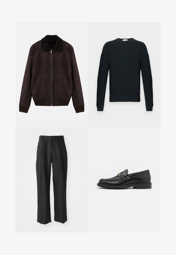 Mørkebrun suede bomberjakke med sort pelskrave, frontlynlås, skrå sidelommer og ribbede manchetter og kant.; Strikket sort sweater med rund halsudskæring, lange ærmer og et tekstureret mønster. Har ribbet kant og manchetter.; Sorte linnedragter med lige ben, der har særlige folder foran og en glat tekstureret finish.; Sorte læder loafers med en rund tå, der har guld hardware accent og syningsdetaljer, placeret på en lav, tekstureret gummisål.
