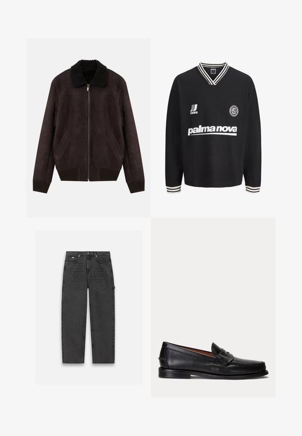 Veste bomber en daim marron foncé avec col en shearling noir, fermeture éclair sur le devant, poches latérales en angle et bords côtelés.; Maillot de sport noir à manches longues, col en V et poignets rayés blancs, texte blanc « "palma nova" », logos sur la poitrine.; Pantalons en denim gris foncé avec une coupe droite, style cinq poches et fermeture à boutons et zip visible. Présente un agencement minimal.; Mocassin en cuir noir avec un petit talon et une bride penny, vu de côté sur un fond gris clair.