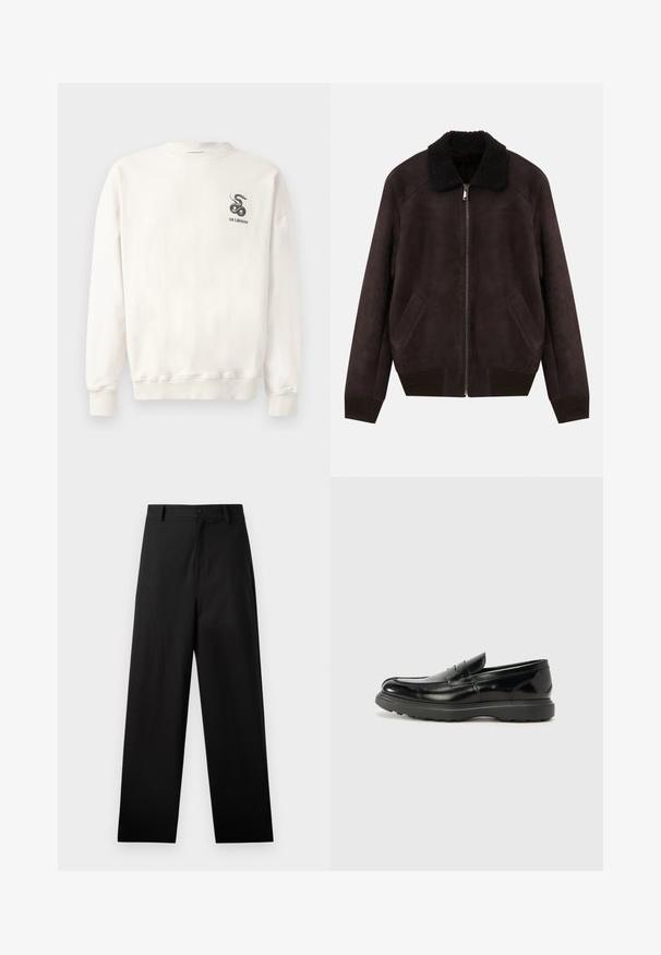 Chaqueta bomber de ante marrón oscuro con cuello de piel de oveja negra, cremallera frontal, bolsillos laterales en ángulo y puños y dobladillo acanalados.; Sudadera blanca de algodón con cuello redondo, puños y dobladillo acanalados, que presenta un gráfico de serpiente negra y el texto "HAN KJØBENHAVN" en el pecho.; Pantalones negros de algodón con un diseño de pierna recta, que cuentan con un cierre frontal de botón y bolsillos laterales. Textura lisa, sin patrones.; Mocasín de cuero negro con un acabado brillante, punta redondeada, detalles de costura sutiles y una suela de goma gruesa para mayor durabilidad.