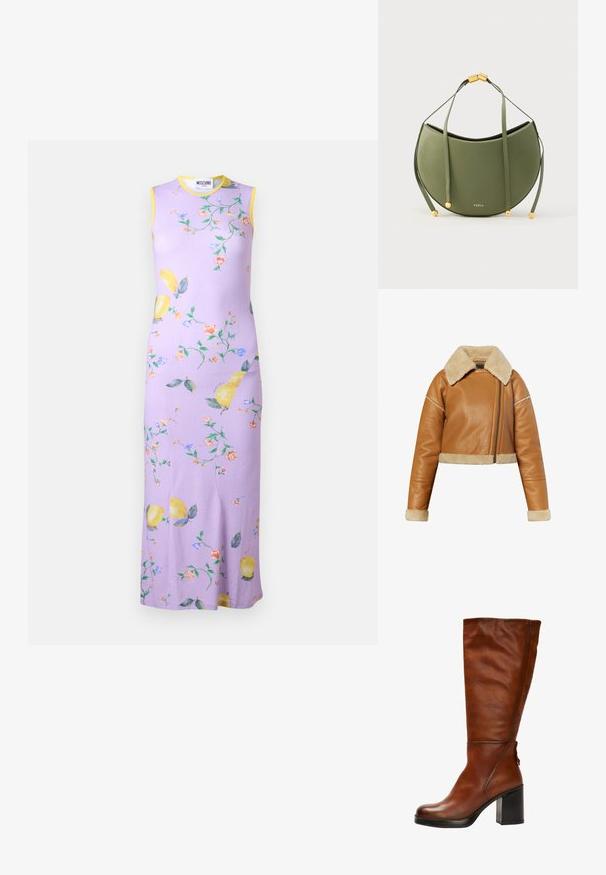 Brun læder flyverjakke med beige imiteret pels på krave og manchetter. Har en frontlynlås og cropped design med synlige syningsdetaljer.; Ærmeløs lavendel maxi-kjole med gul kant og et trykt mønster af citroner og små farverige blomster.; Brune læder knæhøje støvler med rund tå, chunky sort hæl og subtile syninger foran og bagpå.; Grøn læderhåndtaske med en halvmåneform, med to tynde stropper og guldfarvede metaldekorationer. Mærkets navn er præget på forsiden.