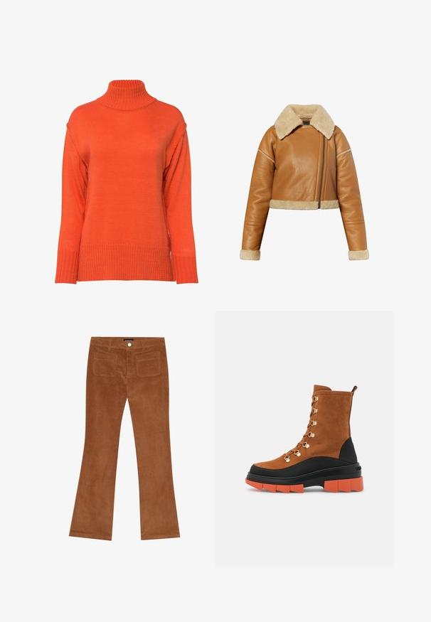 Brun læder flyverjakke med beige imiteret pels på krave og manchetter. Har en frontlynlås og cropped design med synlige syningsdetaljer.; Turtleneck sweater i lys orange, med ribbet tekstur, sænkede skuldre og en løs pasform med brede manchetter.; Brune fløjlsbukser med udvidet ben, der har en ribbet tekstur, knaplukning foran og to baglommer.; Brune ruskind ankelstøvler har guld hardware, en sort og orange chunky sål, samt et snørebåndsdesign med en bageste løftestrop.