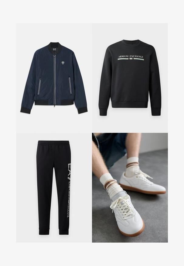 Marineblaue Bomberjacke aus glattem Nylon. Sie verfügt über einen Reißverschluss, gerippte Bündchen und Saum, seitliche Taschen und ein kleines Logo auf der Brust.; Schwarzer Sweatshirt aus weichem Stoff. Mit Rundhalsausschnitt und langen Ärmeln. Auf der Vorderseite sind "ARMANI EXCHANGE" und "1991" in kontrastierenden Farben gedruckt.; Schwarze Sweatpants aus Baumwollmischung mit elastischem Taillenbund, schmal zulaufenden Beinen, gerippten Bündchen und weißem Logo-Druck entlang der Seite.; Weiße Ledersneaker mit glatter Textur, grauen Wildlederelementen, beigen Gummisohlen und flachen Schnürsenkeln. Kombiniert mit cremefarbenen und braun gestreiften Socken.