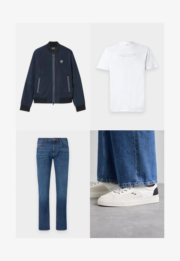 Marineblauwe bomberjack gemaakt van glad nylon. Heeft een ritssluiting aan de voorkant, ribgebreide manchetten en zoom, zijzakken en een klein logo op de borst.; Witte katoenen t-shirt met een ronde hals, korte mouwen en een reliëflogo "ARMANI EXCHANGE MILANO/NEW YORK" op de voorkant.; Blauwe spijkerbroek met rechtvallende pijpen, voorzien van een klassiek ontwerp met vijf zakken en een knoopsluiting. Subtiele vervaging over de stoftextuur.; Witte en zwarte sneakers met een glad leren bovenwerk, textuuraccenten en een chunky witte zool. Heeft een klassiek vetersluiting ontwerp.