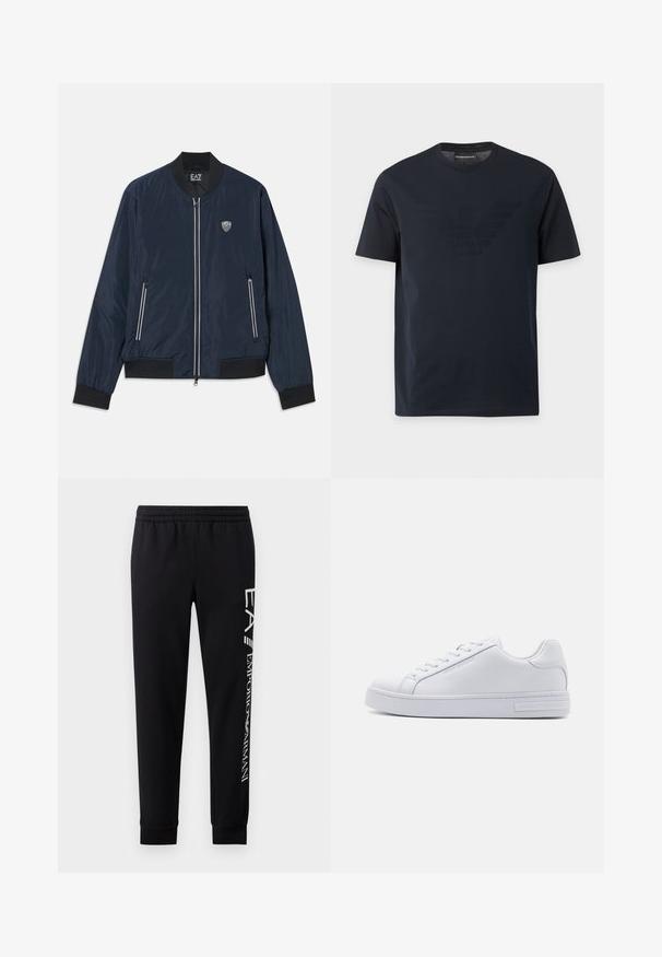 Marineblaue Bomberjacke aus glattem Nylon. Sie verfügt über einen Reißverschluss, gerippte Bündchen und Saum, seitliche Taschen und ein kleines Logo auf der Brust.; Schwarzes T-Shirt mit kurzen Ärmeln und Rundhalsausschnitt, mit einem dezenten, erhabenen Adler-Logo auf der Brust und einem Markenetikett innen im Kragen.; Schwarze Sweatpants aus Baumwollmischung mit elastischem Taillenbund, schmal zulaufenden Beinen, gerippten Bündchen und weißem Logo-Druck entlang der Seite.; Weiße Ledersneaker mit glatter Textur, runder Zehenform, Schnürung vorne und flacher Gummisohle. Mit eingeprägtem Branding an der Ferse.