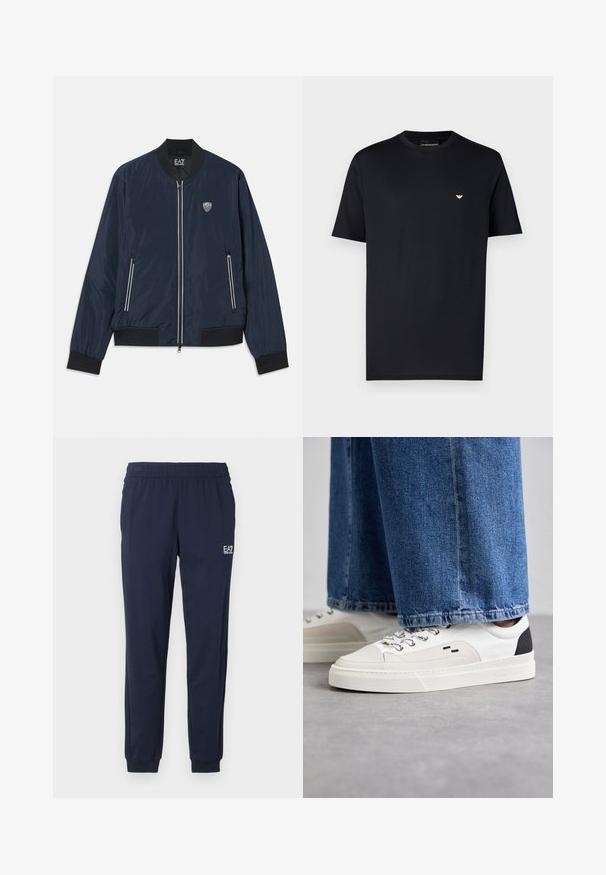 Chaqueta bomber azul marino hecha de nylon suave. Cuenta con un cierre de cremallera frontal, puños y bajo acanalados, bolsillos laterales y un pequeño logo en el pecho.; Camiseta negra de algodón con cuello redondo, mangas cortas y un pequeño logo dorado en el pecho. Textura suave, ajuste estándar.; Pantalones de chándal azul marino con cinturilla y puños elásticos. Presentan un pequeño logo blanco en la pierna izquierda. Fabricados con un material suave y elástico.; Zapatillas blancas y negras con una parte superior de cuero suave, acentos texturizados y una suela blanca gruesa. Presenta un diseño clásico de cordones.