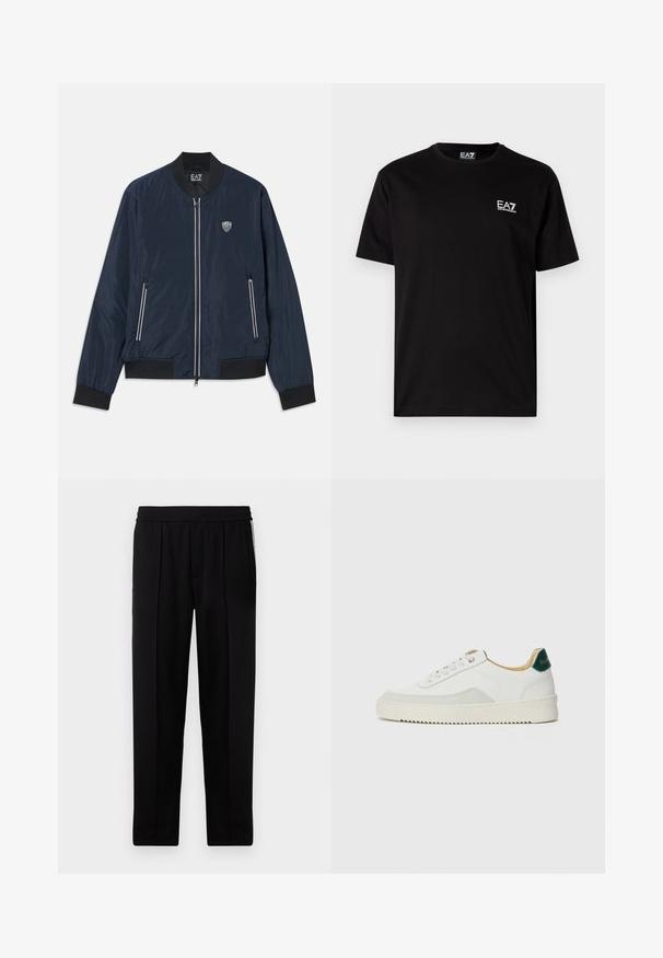 Marineblauwe bomberjack gemaakt van glad nylon. Heeft een ritssluiting aan de voorkant, ribgebreide manchetten en zoom, zijzakken en een klein logo op de borst.; Zwarte katoenen t-shirt met korte mouwen, ronde hals en een klein wit EA7-logo op de linkerborst. Gladde textuur, normale pasvorm.; Zwarte op maat gemaakte broek met een gladde textuur, een elastische tailleband en twee zijzakken. Kenmerkt zich door een slank, recht model.; Witte sneaker met suède accenten, ronde neus, platte veters en een crème rubberen zool. Bevat groene branding op de hiel.
