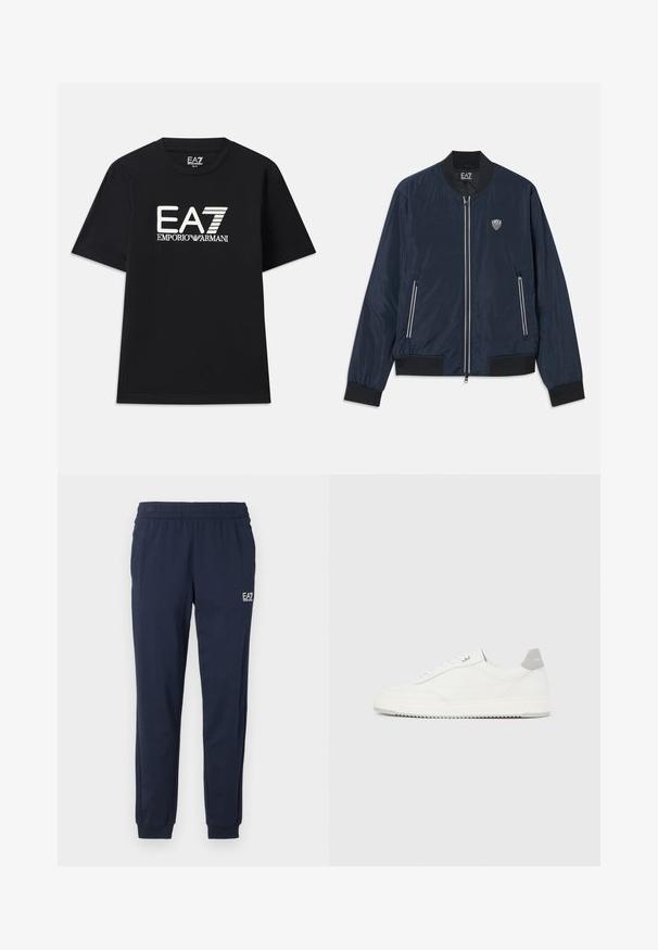 Marineblauwe bomberjack gemaakt van glad nylon. Heeft een ritssluiting aan de voorkant, ribgebreide manchetten en zoom, zijzakken en een klein logo op de borst.; Zwarte T-shirt van katoen, met een ronde hals en korte mouwen. Geborduurd logo "EA7 EMPORIO ARMANI" in het wit op de voorkant.; Marineblauwe sweatpants met een elastische tailleband en boorden. Voorzien van een klein wit logo op het linkerpant. Gemaakt van een zachte, rekbare stof.; Witte lage sneaker met grijze hielpatch, witte veters en een gestructureerde zool, gepresenteerd op een effen lichte achtergrond.