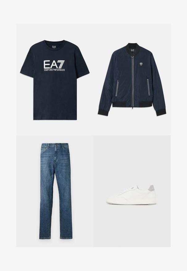 Marineblauwe bomberjack gemaakt van glad nylon. Heeft een ritssluiting aan de voorkant, ribgebreide manchetten en zoom, zijzakken en een klein logo op de borst.; Blauwe katoenen T-shirt met korte mouwen en een ronde hals. Voorzien van een prominent wit EA7 Emporio Armani-logo op de voorkant.; Donkerblauwe denim jeans, recht model, vijf-pocket stijl, zichtbare stiksels, en een klassieke knoopsluiting. Lichte wassingseffect op de stof.; Witte lage sneaker met grijze hielpatch, witte veters en een gestructureerde zool, gepresenteerd op een effen lichte achtergrond.