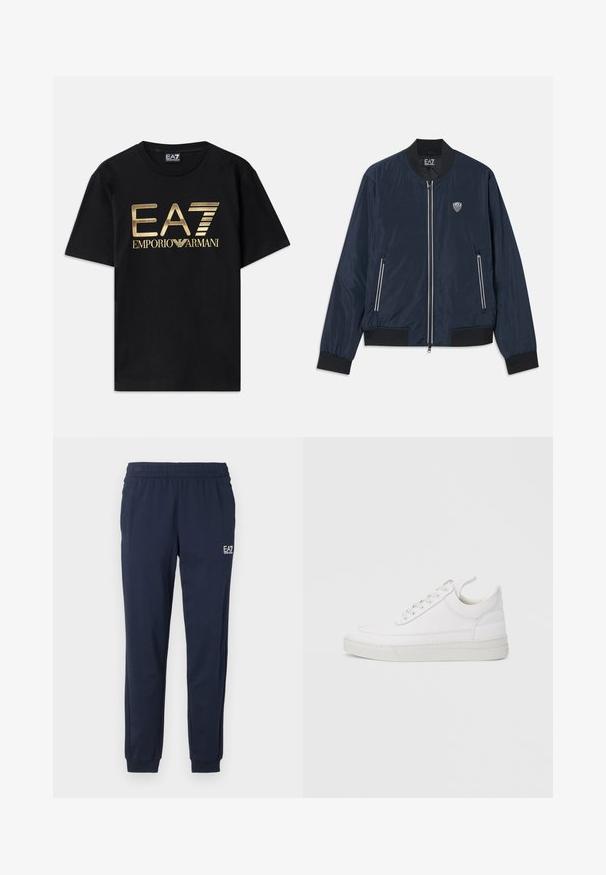Marineblaue Bomberjacke aus glattem Nylon. Sie verfügt über einen Reißverschluss, gerippte Bündchen und Saum, seitliche Taschen und ein kleines Logo auf der Brust.; Schwarzes Baumwoll-T-Shirt mit kurzen Ärmeln, auf dessen Vorderseite ein in Gold gedrucktes "EA7 EMPORIO ARMANI" Logo prangt. Schlichtes Design, Rundhalsausschnitt.; Marineblaue Jogginghosen mit elastischem Bund und Bündchen. Besitzt ein kleines weißes Logo am linken Bein. Hergestellt aus einem weichen, dehnbaren Material.; Weißer Ledersneaker mit abgerundetem Zehenbereich, flacher Sohle und Schnürverschluss. Verfügt über Nahtdetails und einen gepolsterten Kragen für zusätzlichen Komfort.