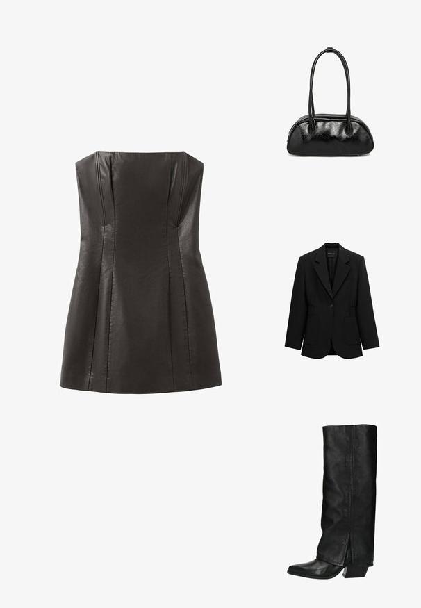 Zwarte blazer met één knoop, opstaand revers, twee voorzakken en taille met geplooide details, afgebeeld op een witte achtergrond.; Zwart leren strapless jurk met een nauwsluitend lijfje, plooien en een gladde textuur. Heeft een rechte halslijn en een uitlopende onderkant.; Hoge zwarte leren laarzen met een vierkante neus en een blokhak. Heeft een gladde textuur en een split aan de achterkant voor extra detail.; Zwarte leren handtas met een gebarsten structuur, ovale vorm en twee ronde handvatten. Heeft een ritssluiting langs de bovenrand.