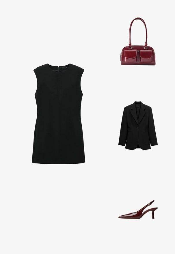 Schwarzer Blazer mit einem Knopf, Reverskragen, zwei aufgesetzten Taschen vorne und tailliertem Design, dargestellt auf weißem Hintergrund.; Schwarzes ärmelloses Kleid mit rundem Ausschnitt, Reißverschluss vorne und taillierten Nähten für eine strukturierte Silhouette. Glatte Stoffoberfläche.; Bordeaux-farbene Lackleder Slingback-Pumps mit spitzem Zehenbereich, mittelhohem Kitten-Absatz und silberner Schnallenriemen auf weißem Hintergrund.; Dunkelrote Lederhandtasche mit zwei vorderen Klappentaschen und langen Schulterriemen, gezeigt auf weißem Hintergrund.