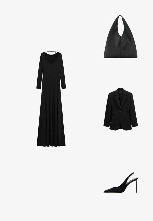 Zwarte blazer met één knoop, opstaand revers, twee voorzakken en taille met geplooide details, afgebeeld op een witte achtergrond.; Zwarte maxijurk met lange mouwen, een uitgesneden halslijn en een nauwsluitend lijfje dat uitloopt in een uitlopende rok.; Zwarte suède slingback hoge hak met spitse neus, dunne hak en verstelbare band met een gouden accent.; Zwarte leren schoudertas met een groot, nonchalant ontwerp en een diepe, langgerekte uitsnede als handvat voor gemakkelijk dragen. Gladde textuur, minimalistische stijl.