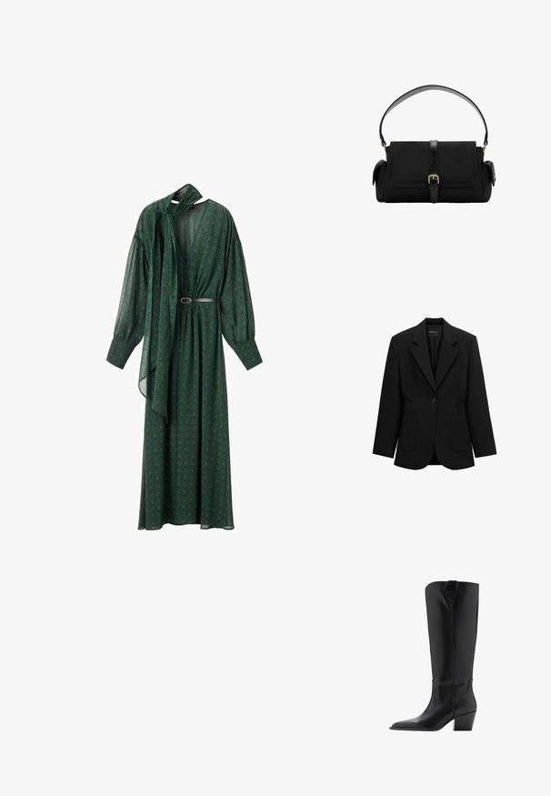 Blazer negro de un solo botón con solapas de muesca, dos bolsillos parche frontales y detalle de cintura fruncida, mostrado sobre un fondo blanco.; Largo vestido verde con un estampado floral, que presenta un lazo en el cuello, mangas voluminosas y un cinturón que acentúa la cintura. Hecho de tela ligera.; Bota alta de cuero negro con puntera puntiaguda y tacón inclinado de altura media, con una lengüeta para tirar en la parte superior de la caña.; Bolso rectangular negro con asa superior, cierre con solapa, bolsillos laterales y una correa central con hebilla de tono dorado.