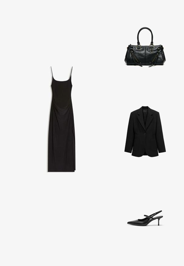 Blazer noir à un bouton avec revers crantés, deux poches plaquées avant et taille froncée, présenté sur un fond blanc.; Robe maxi noire sans manches avec fines bretelles, côtés froncés et encolure carrée sur fond blanc.; Talons aiguilles noires en cuir avec un bout pointu, une fine bride réglable, et un talon aiguille d'environ 5 cm, texture lisse.; Sac à main en cuir noir avec deux anses, deux poches zippées inclinées avec des pompons, et des anneaux et clous en métal doré.