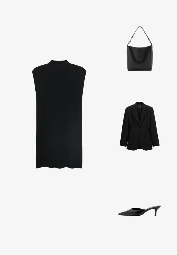 Zwarte blazer met één knoop, opstaand revers, twee voorzakken en taille met geplooide details, afgebeeld op een witte achtergrond.; Zwarte mouwloze tuniek met een hoge halslijn, zachte stof, losse pasvorm en een rechte silhouette. De zoom is aan de onderkant licht gebogen.; Zwarte leren mule met een spitse neus, lage, slanke hak en een achterkantloze instapschoen.; Zwarte leren schoudertas met een ruim hoofdvak en verstelbare schouderriem met goudkleurige sluiting.