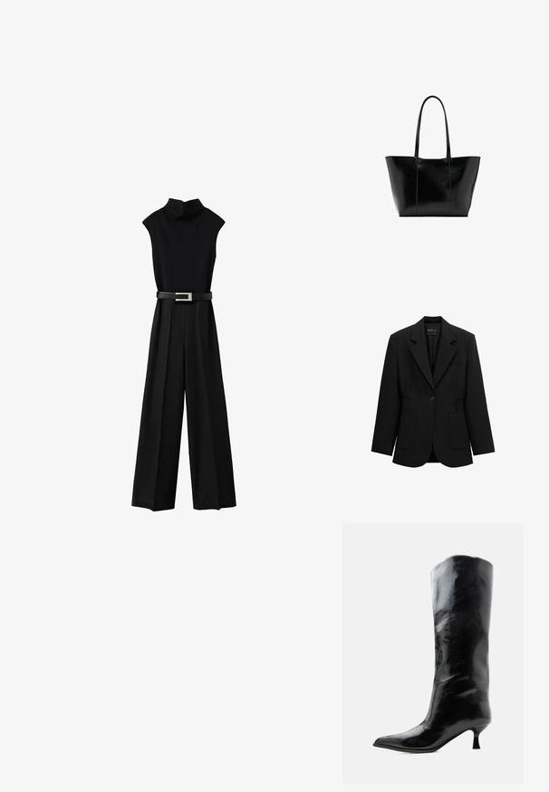 Blazer noir à un bouton avec revers crantés, deux poches plaquées avant et taille froncée, présenté sur un fond blanc.; Combinaison noire sans manches avec col montant et jambes larges, dotée d'une ceinture noire avec une boucle rectangulaire argentée à la taille.; Botte en cuir noire brillante, haute jusqu'au genou, avec bout pointu et talon bas courbé sur un fond clair uni.; Grand sac fourre-tout noir avec de longues poignées et une texture en cuir lisse légèrement brillante, centré sur un fond blanc.