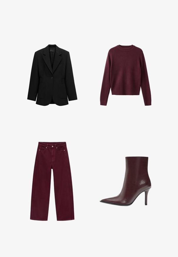 Zwarte blazer met één knoop, opstaand revers, twee voorzakken en taille met geplooide details, afgebeeld op een witte achtergrond.; Langledig crewneck gebreide trui in donker bordeaux met geribbelde manchetten en onderrand, weergegeven op een witte achtergrond.; Bordeaux wijde jeans van denim, met een vier-pocket ontwerp en metalen knoopsluiting met bijpassende stiksels.; Enkellaarzen van bordeauxrood leer met een puntige neus en een slank silhouet, voorzien van een hoge naaldhak en een gladde textuur.
