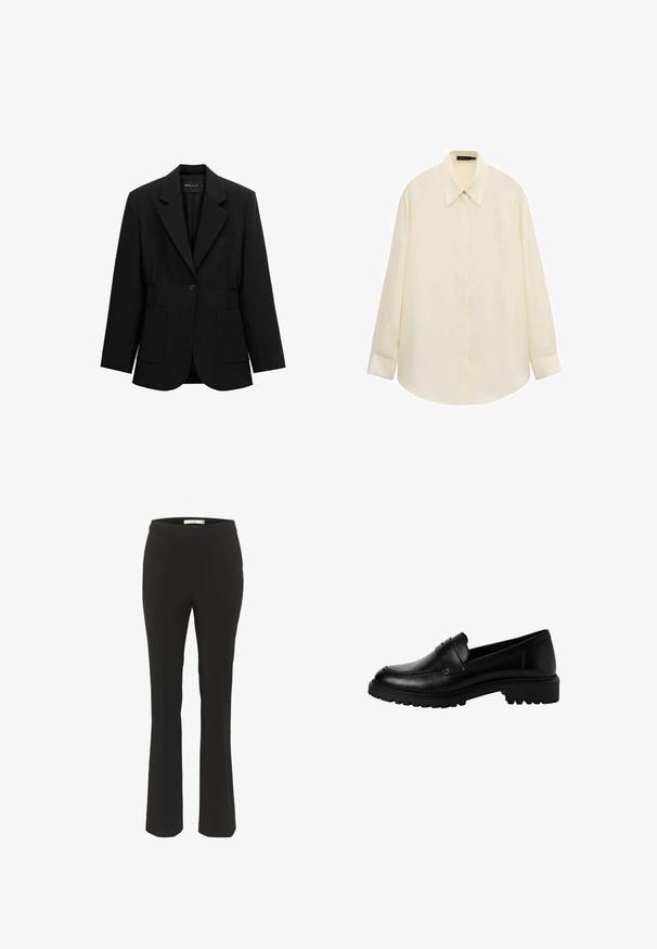 Blazer negro de un solo botón con solapas de muesca, dos bolsillos parche frontales y detalle de cintura fruncida, mostrado sobre un fondo blanco.; Camisa de manga larga color crema con botones, cuello puntiagudo y tapeta oculta, extendida sobre un fondo blanco.; Pantalones negros ajustados con un corte entallado, dobladillo acampanado, parte delantera plana y sin bolsillos visibles. Hechos de una tela suave con costuras mínimas.; Mocasines de cuero negro con punta redondeada, tira decorativa en la parte superior y suela gruesa de goma texturizada. Acabado suave con detalles de costura sutiles.