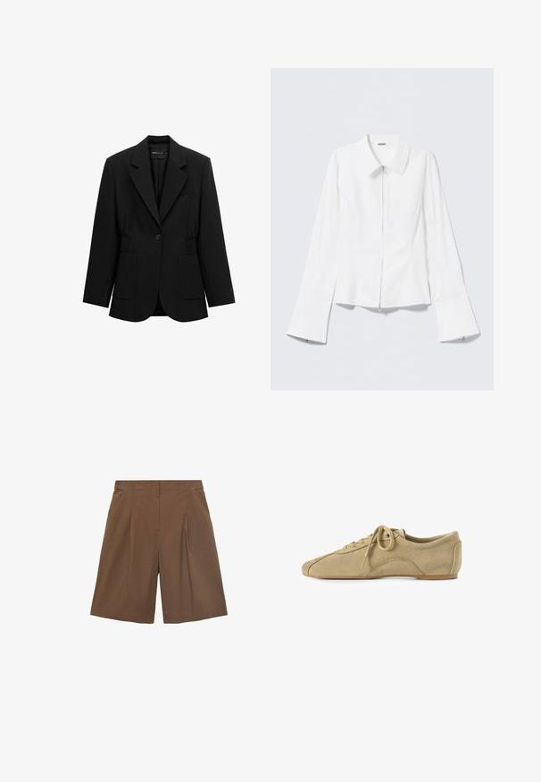 Blazer negro de un solo botón con solapas de muesca, dos bolsillos parche frontales y detalle de cintura fruncida, mostrado sobre un fondo blanco.; Camisa blanca de manga larga con cuello con solapa y cremallera frontal. Presenta puños acampanados y una textura suave de mezcla de algodón.; Pantalones cortos marrones a medida con un frente plano, pliegues y bolsillos laterales. Fabricados con una tela ligera, ofrecen un ajuste relajado y bordes rematados.; Zapatos de ante beige con puntera redondeada, suela plana y un diseño clásico de cordones. Presentan costuras sutiles y una textura suave.