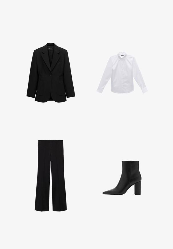 Sort enkelt-knap blazer med hakket revers, to forlommer med lapper og detaljeret taljesamling, vist på en hvid baggrund.; Hvid langærmet skjorte lavet af bomuld med klassisk krave og knaplukning foran. Har knaplukkede manchetter og en lige nederdel.; Sorte højtaljede bukser med brede ben og for- søm detaljer, lavet af et glat stof.; Sorte læder ankelstøvler med spidse tæer og blokhæl. Glat tekstur og minimalistisk design, med en mid-højde skaft.