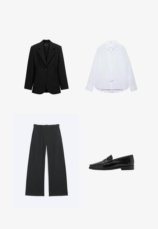 Blazer noir à un bouton avec revers crantés, deux poches plaquées avant et taille froncée, présenté sur un fond blanc.; Chemise blanche à manches longues avec col et cravate fine assortie, boutonnée sur le devant avec poignets, présentée sur un fond uni.; Pantalon large noir à fines rayures blanches, avec passants de ceinture, poches avant et fermeture avant dissimulée.; Mocassins en cuir noir avec un design de bout cousu et un talon bas. La tige présente une bride décorative. Texture de surface lisse et brillante.