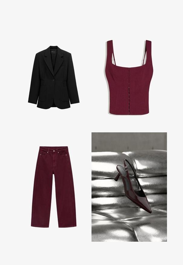 Sort enkelt-knap blazer med hakket revers, to forlommer med lapper og detaljeret taljesamling, vist på en hvid baggrund.; Ærmeløs mørkerød korsette-stil top med firkantet halsudskæring, justerbare tynde stropper og lukning foran med hægter og øjer.; Bordeaux bredde ben jeans lavet af bomuldsdenim, med fire-pocket design og metalknap lukning med matchende syninger.; Blank mørkerød slingback højhælet sko med spids tå, vist på en skinnende sølvfarvet polstret læderoverflade.
