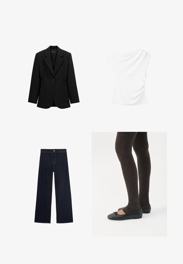 Blazer noir à un bouton avec revers crantés, deux poches plaquées avant et taille froncée, présenté sur un fond blanc.; Haut blanc sans manches avec un col drapé et un détail froncé sur un côté, vu de dos.; Jeans larges bleu foncé avec un ourlet effiloché, dotés d'une braguette à boutons et zip, et d'un design classique à cinq poches avec des coutures contrastantes.; Jambes portant des leggings côtelés foncés associés à des ballerines noires avec de petits détails en nœud sur fond blanc.