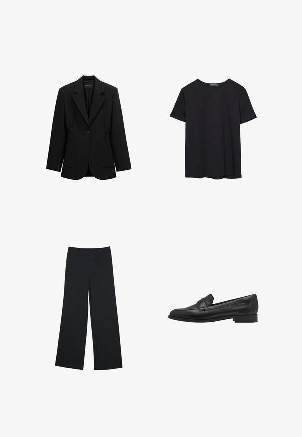 Sort enkelt-knap blazer med hakket revers, to forlommer med lapper og detaljeret taljesamling, vist på en hvid baggrund.; Simpel sort kortærmet bomulds T-shirt med rund hals, præsenteret på en hvid baggrund.; Bredde bukser i sort stof, der har frontlommer og lukning med knap. Glat tekstur, skræddersyet pasform og fuld længde.; Sort læder loafersko med en glat tekstur, rund tå og en lille hævet stroppedesign. Har en lav, solid hæl.