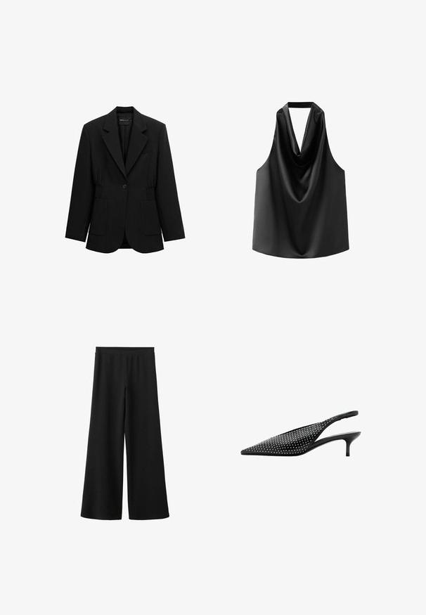 Blazer noir à un bouton avec revers crantés, deux poches plaquées avant et taille froncée, présenté sur un fond blanc.; Haut sans manches noir en satin lisse, doté d'un col drapé et d'une coupe ample avec un ourlet arrondi. Pas de matériel ou de motifs visibles.; Pantalon noir à jambes larges en tissu doux, avec une taille haute sans attaches ni poches visibles. Texture lisse sur toute la surface.; Escarpin slingback noir à bout pointu avec petit talon kitten bas et ornements en clous argentés recouvrant la tige.