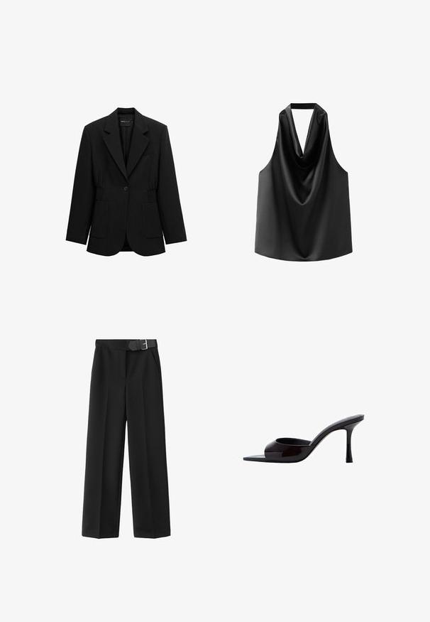 Blazer noir à un bouton avec revers crantés, deux poches plaquées avant et taille froncée, présenté sur un fond blanc.; Haut sans manches noir en satin lisse, doté d'un col drapé et d'une coupe ample avec un ourlet arrondi. Pas de matériel ou de motifs visibles.; Pantalon noir taille haute à jambes larges avec plis à l'avant, poches latérales et ceinture noire assortie avec une boucle argentée.; Mules à talons hauts en cuir verni noir avec un bout carré et un design ouvert. Le talon est élancé et présente une finition brillante.