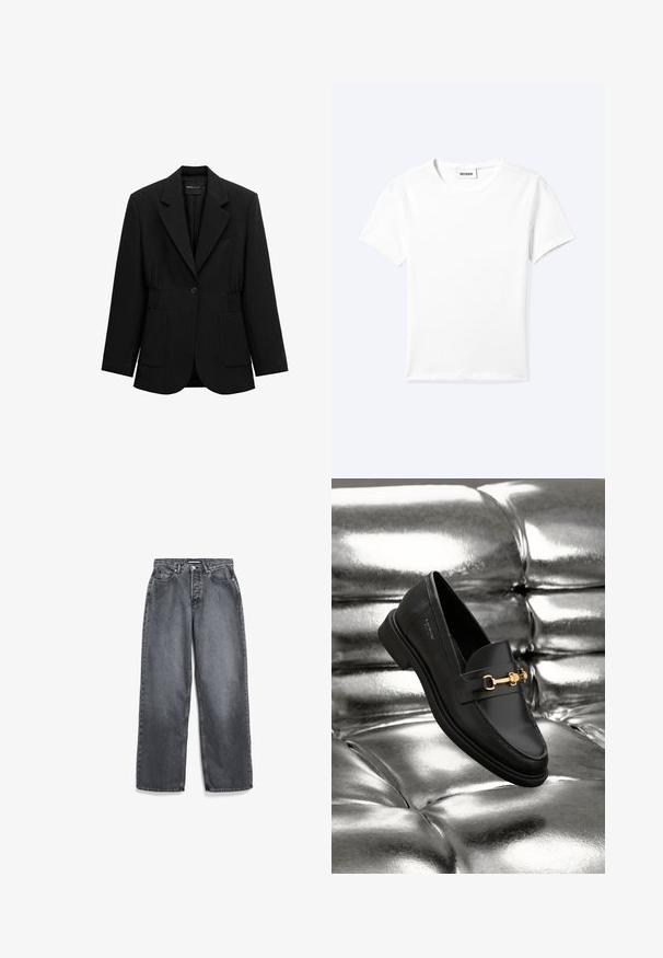 Zwarte blazer met één knoop, opstaand revers, twee voorzakken en taille met geplooide details, afgebeeld op een witte achtergrond.; Effen wit T-shirt met korte mouwen en ronde hals met een klein "WEEKDAY" label aan de binnenkant van de hals, plat neergelegd op een lichte achtergrond.; Donkergrijze rechte jeans met voorzakken, riemlussen, knoop en ritssluiting.; Zwarte leren instapper met een goudkleurig hardware-detail. De schoen heeft een strak ontwerp en een gladde, glanzende textuur.