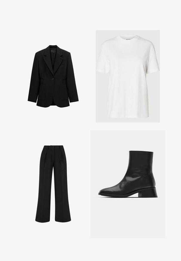 Blazer negro de un solo botón con solapas de muesca, dos bolsillos parche frontales y detalle de cintura fruncida, mostrado sobre un fondo blanco.; Camiseta de algodón blanca con mangas cortas y escote redondo. Presenta un corte relajado y un diseño minimalista sin patrones ni acentos.; Pantalones negros de talle alto y pierna ancha con pinzas delanteras, trabillas para cinturón y cierre con botón en la cintura.; Botín negro de tobillo hecho de cuero brillante, con un diseño elegante, punta afilada y un tacón bloque moderado para mayor estabilidad.