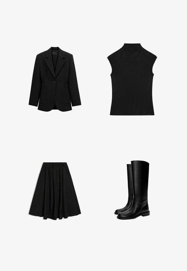 Zwarte blazer met één knoop, opstaand revers, twee voorzakken en taille met geplooide details, afgebeeld op een witte achtergrond.; Zwarte mouwloze aansluitende top met een hoge hals en een gladde textuur, plat weergegeven op een witte achtergrond.; Zwarte A-lijn midi-rok met elastische tailleband en subtiele plooien, weergegeven op een witte achtergrond.; Zwarte leren kniehoge laarzen met een gladde textuur, ronde neus, platte zool en minimalistisch ontwerp, met gestikte naden en zonder zichtbare hardware.
