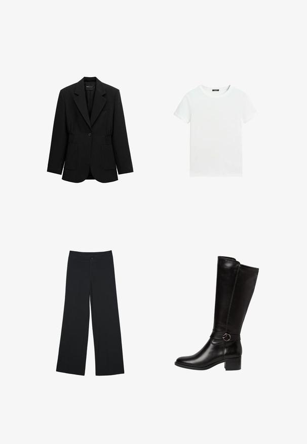 Sort enkelt-knap blazer med hakket revers, to forlommer med lapper og detaljeret taljesamling, vist på en hvid baggrund.; Almindelig hvid T-shirt med korte ærmer, rund halsudskæring og lille sort label inden i kraven.; Bredde bukser i sort stof, der har frontlommer og lukning med knap. Glat tekstur, skræddersyet pasform og fuld længde.; Sorte læder knæhøje støvler med en rund tå, et dekorativt bånd med en cirkulær spænde og en lav blokhæl. Glat, blank overflade.