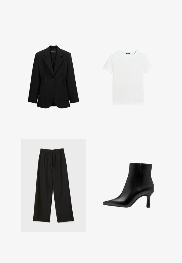 Schwarzer Blazer mit einem Knopf, Reverskragen, zwei aufgesetzten Taschen vorne und tailliertem Design, dargestellt auf weißem Hintergrund.; Schlichtes weißes T-Shirt mit kurzen Ärmeln, rundem Halsausschnitt und einem kleinen schwarzen Etikett innen am Kragen.; Schwarze weit geschnittene Hose mit elastischem Bund, flach auf einem hellen Hintergrund präsentiert.; Schwarze Leder-Stiefelette mit spitzer Zehe, hohem Stiletto-Absatz, glatter Textur und minimalistischem Design. Verfügt über einen Reißverschluss auf der Rückseite.