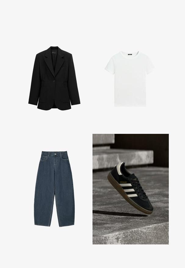 Sort enkelt-knap blazer med hakket revers, to forlommer med lapper og detaljeret taljesamling, vist på en hvid baggrund.; Almindelig hvid T-shirt med korte ærmer, rund halsudskæring og lille sort label inden i kraven.; Mørkeblå denim buede bukser med høj talje, som har fem lommer og synlige stingdetaljer. Ren, minimalistik design.; Sort Adidas-sneaker med hvide striber og gummisåler, svævende over grå betontrapper i naturligt lys.