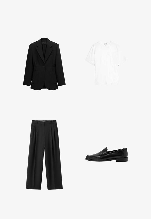 Blazer negro de un solo botón con solapas de muesca, dos bolsillos parche frontales y detalle de cintura fruncida, mostrado sobre un fondo blanco.; Camiseta de algodón blanca con mangas cortas, escote redondo y un corte relajado. Textura suave, sin patrones ni detalles de hardware adicionales.; Pantalones negros de pierna ancha con pliegues delanteros, trabillas para cinturón y cierre delantero oculto.; Mango Zapatos sin cordones - black