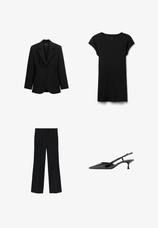 Blazer negro de un solo botón con solapas de muesca, dos bolsillos parche frontales y detalle de cintura fruncida, mostrado sobre un fondo blanco.; Camiseta negra de manga corta de punto acanalado con escote redondeado y puños ligeramente enrollados, mostrada sobre un fondo blanco.; Pantalones negros con un diseño de pierna recta, fabricados en tejido suave. Presentan una cinturilla con pasadores para cinturón y sin marcas ni adornos visibles.; Zapato de salón negro de charol con punta estrecha, tacón kitten, tira fina en el tobillo y hebilla dorada.