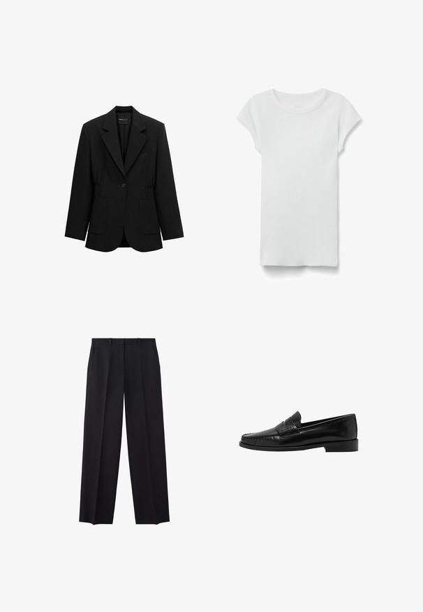 Blazer negro de un solo botón con solapas de muesca, dos bolsillos parche frontales y detalle de cintura fruncida, mostrado sobre un fondo blanco.; Camiseta blanca de manga corta con cuello redondo acanalado, colocada en plano sobre fondo blanco, mostrando el lado frontal y un estilo casual sencillo.; Pantalones rectos negros confeccionados a medida con trabillas para cinturón y bolsillos laterales, diseñados para vestir formal o de oficina.; Mango Zapatos sin cordones - black