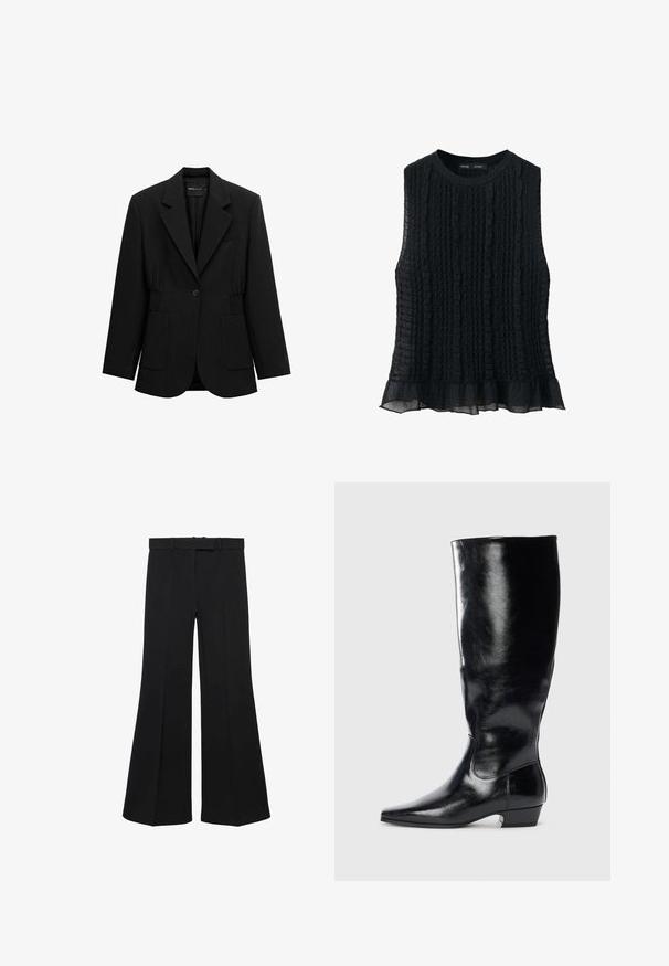 Sort enkelt-knap blazer med hakket revers, to forlommer med lapper og detaljeret taljesamling, vist på en hvid baggrund.; Ærmeløs, sort, tekstureret top med rund halsudskæring og flæsekant, letvægtsstof, egnet til afslappet eller semi-formelt brug.; Sorte bredbenede bukser med høj talje, struktureret design og forreste indsnit. Fremstillet af et glat stof med en diskret taljebånd og bæltesløjfer.; Sort læderknæhøj støvle med en skinnende finish, spidse tæer og lav blokhæl. Har en glat tekstur og minimalistisk design.