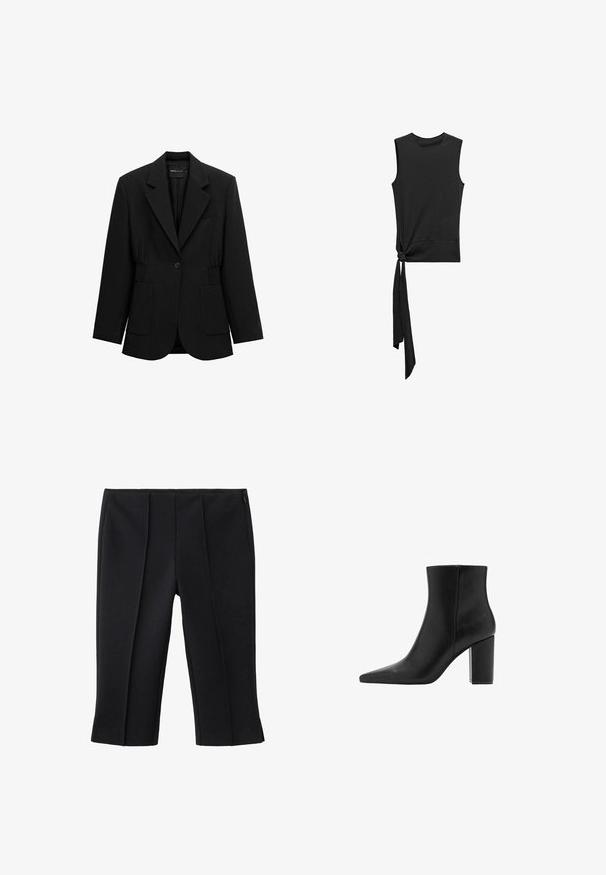 Blazer noir à un bouton avec revers crantés, deux poches plaquées avant et taille froncée, présenté sur un fond blanc.; Mango Débardeur - black; Pantalon noir court avec deux plis avant, texture lisse et fermeture éclair latérale. Design sur mesure, sans motifs visibles.; Bottines en cuir noir avec un bout pointu et un talon bloc. Texture lisse et design minimaliste, avec une tige de hauteur moyenne.