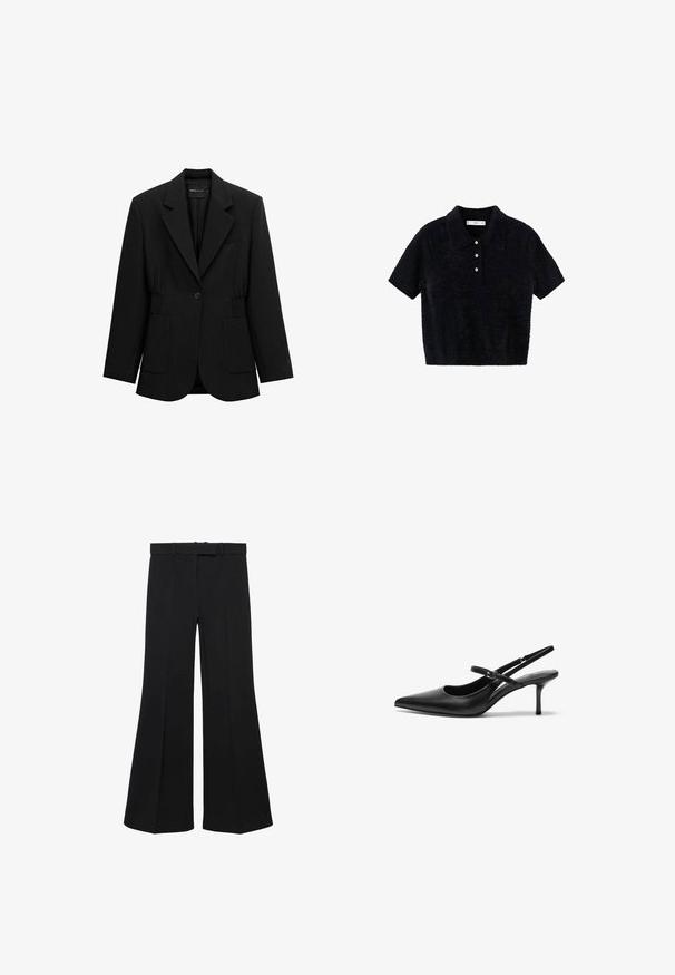 Sort enkelt-knap blazer med hakket revers, to forlommer med lapper og detaljeret taljesamling, vist på en hvid baggrund.; Sort kortærmet fuzzy polo shirt med tre hvide knapper og en klassisk krave, præsenteret på en hvid baggrund.; Sorte bredbenede bukser med høj talje, struktureret design og forreste indsnit. Fremstillet af et glat stof med en diskret taljebånd og bæltesløjfer.; Sorte læder slingback hæle med spids tå, slank justerbar rem og en stiletto hæl på cirka 5 cm, glat tekstur.